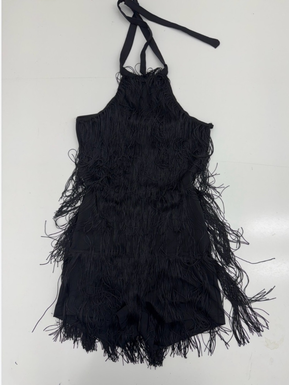 Black One-Shoulder Fringe Halter Dress